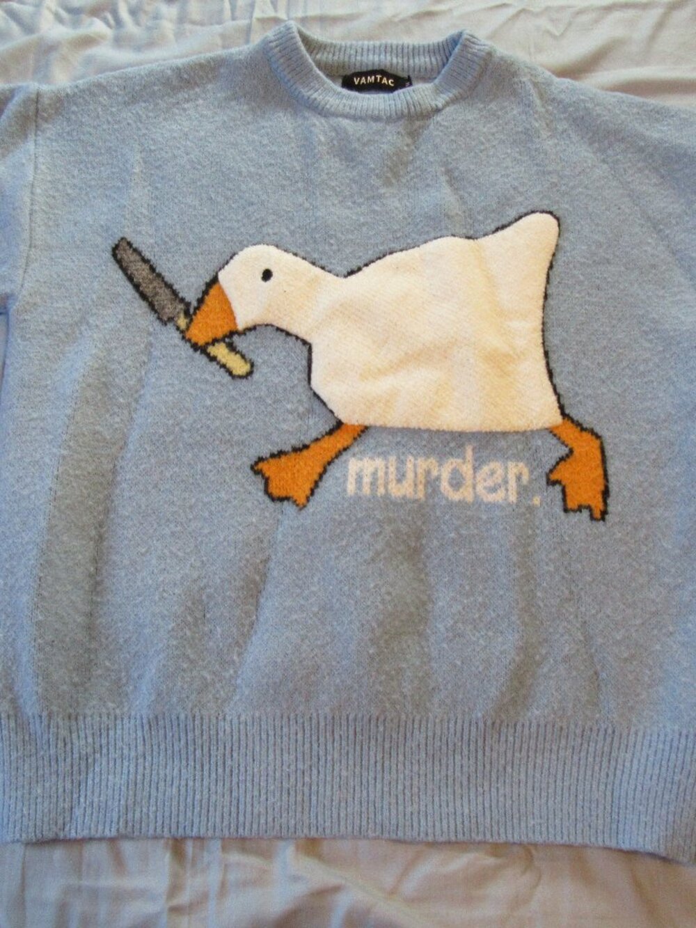 Womens VAMTAC Murder Goode Sweater Large Blue Knit Streetwear Harajuku Meme Sz M